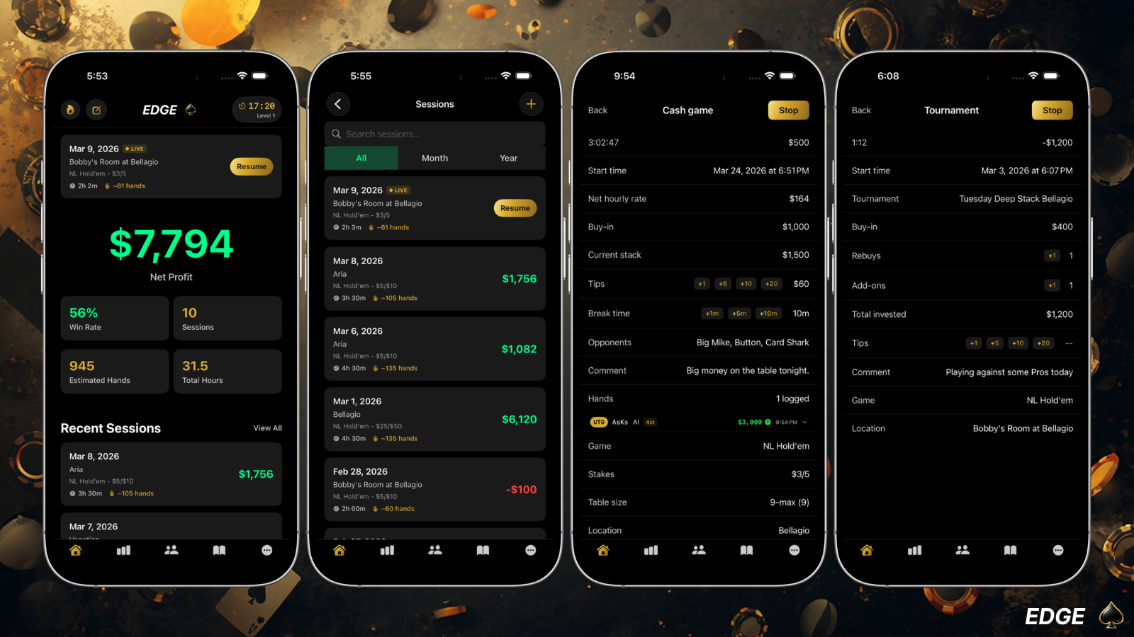 EDGE Poker home screen, sessions, cash game and tournament tracking